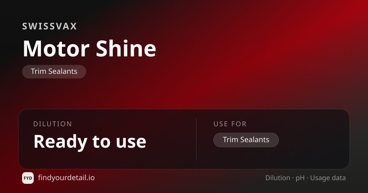 Swissvax Motor Shine dilution ratio and pH specification chart