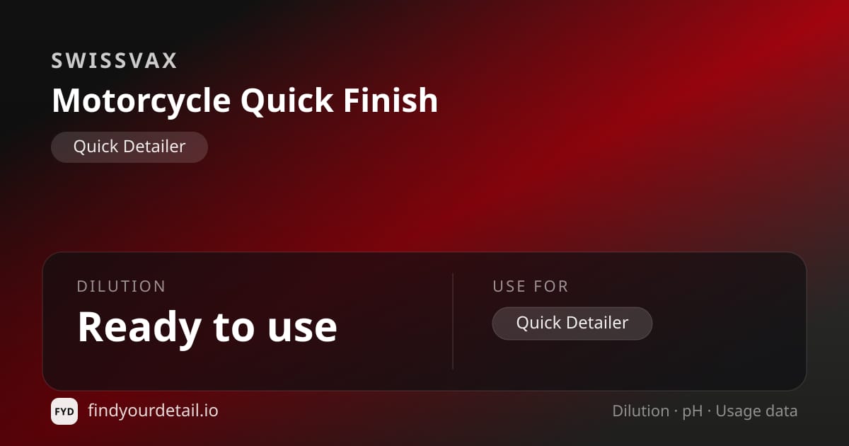 Swissvax Motorcycle Quick Finish dilution ratio and pH specification chart