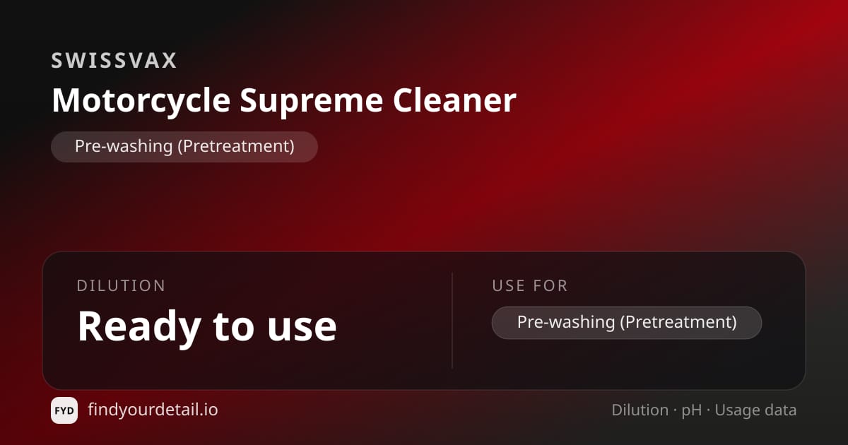 Swissvax Motorcycle Supreme Cleaner dilution ratio and pH specification chart