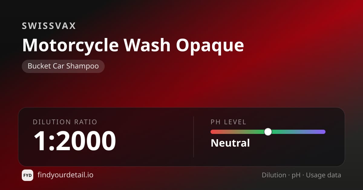 Swissvax Motorcycle Wash Opaque dilution ratio and pH specification chart