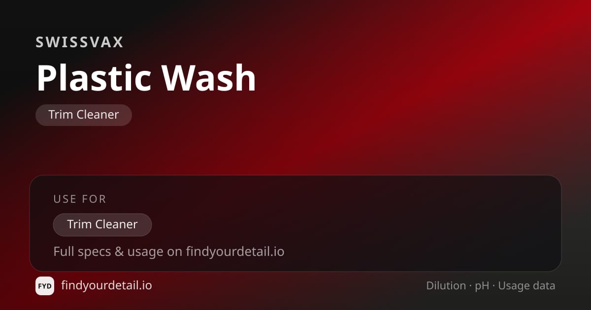 Swissvax Plastic Wash dilution ratio and pH specification chart