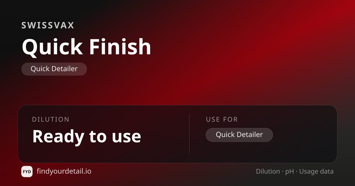Swissvax Quick Finish dilution ratio and pH specification chart