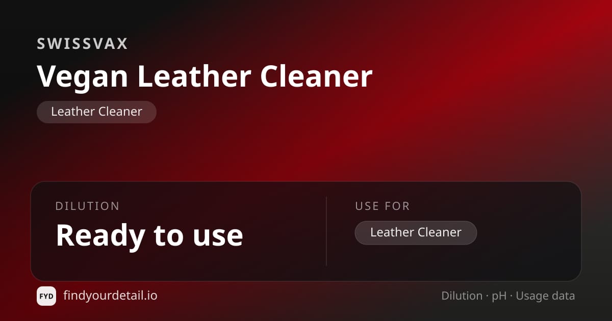 Swissvax Vegan Leather Cleaner dilution ratio and pH specification chart