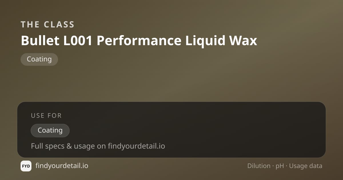 The Class Bullet L001 Performance Liquid Wax dilution ratio and pH specification chart