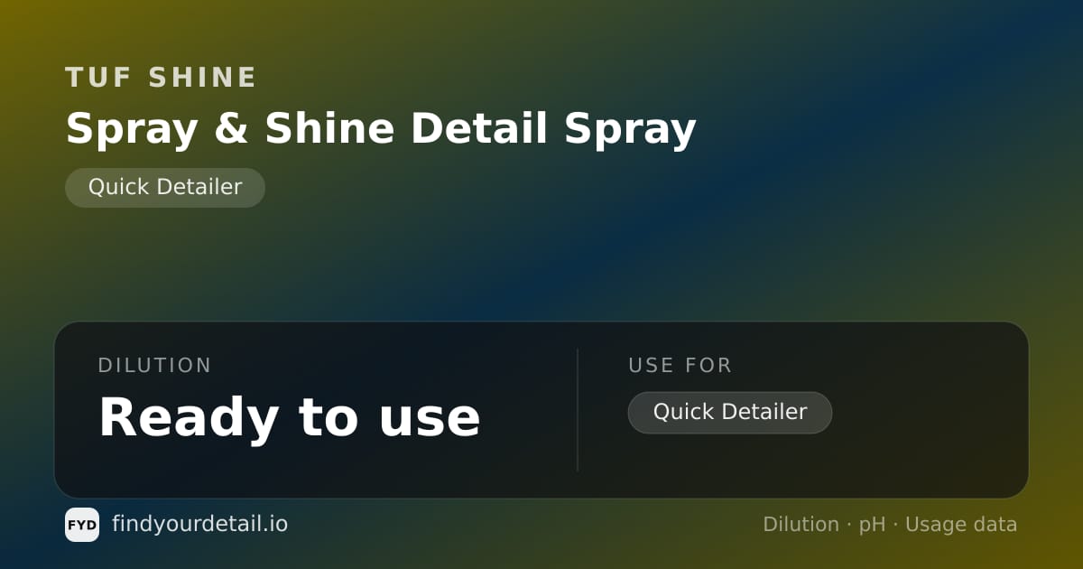 TUF SHINE Spray & Shine Detail Spray dilution ratio and pH specification chart