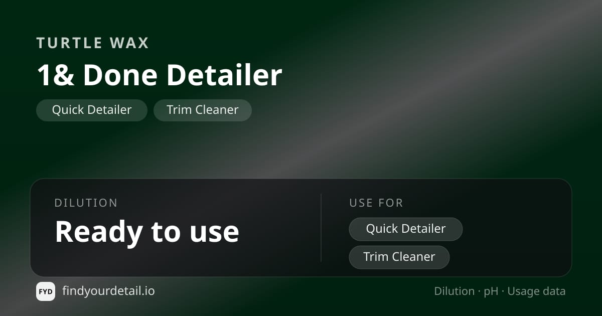 Turtle Wax 1& Done Detailer dilution ratio and pH specification chart