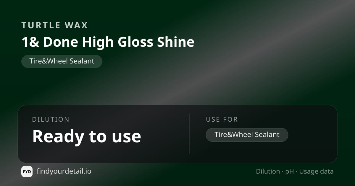 Turtle Wax 1& Done High Gloss Shine dilution ratio and pH specification chart