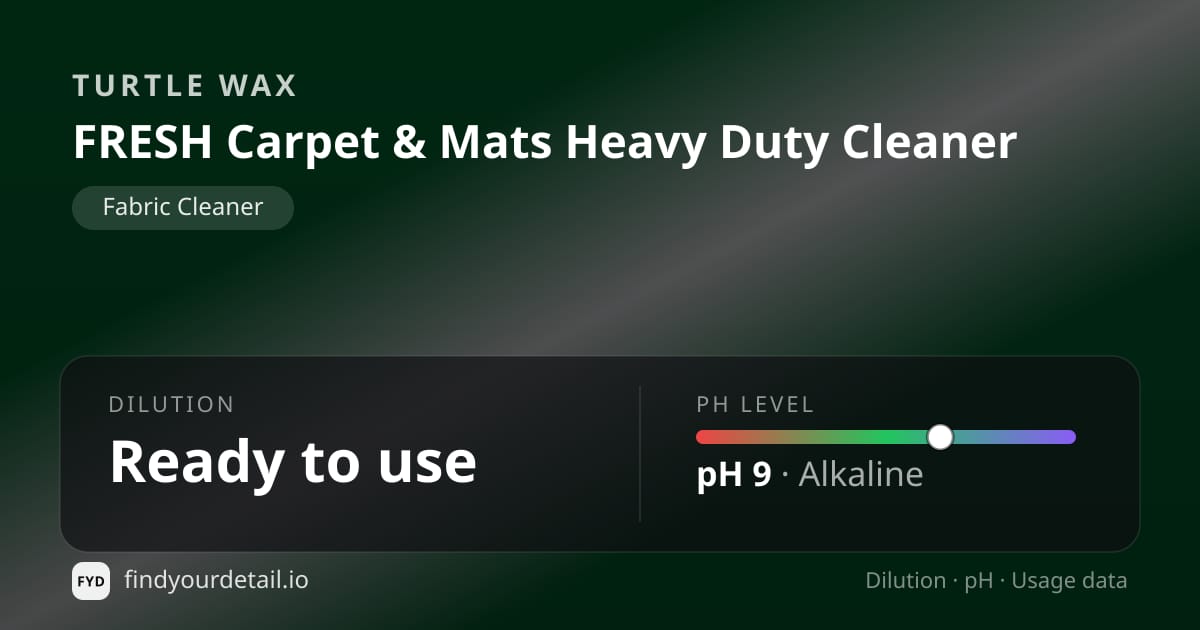 Turtle Wax FRESH Carpet & Mats Heavy Duty Cleaner dilution ratio and pH specification chart