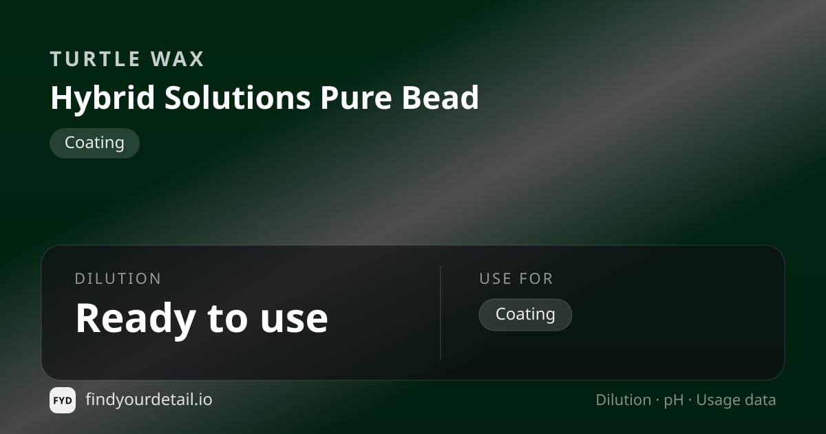 Turtle Wax Hybrid Solutions Pure Bead dilution ratio and pH specification chart