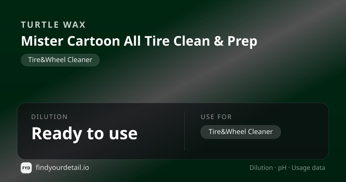 Turtle Wax Mister Cartoon All Tire Clean & Prep dilution ratio and pH specification chart