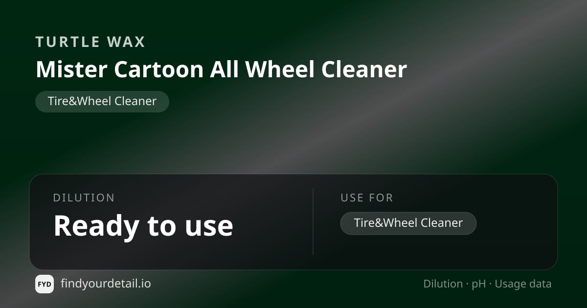 Turtle Wax Mister Cartoon All Wheel Cleaner dilution ratio and pH specification chart