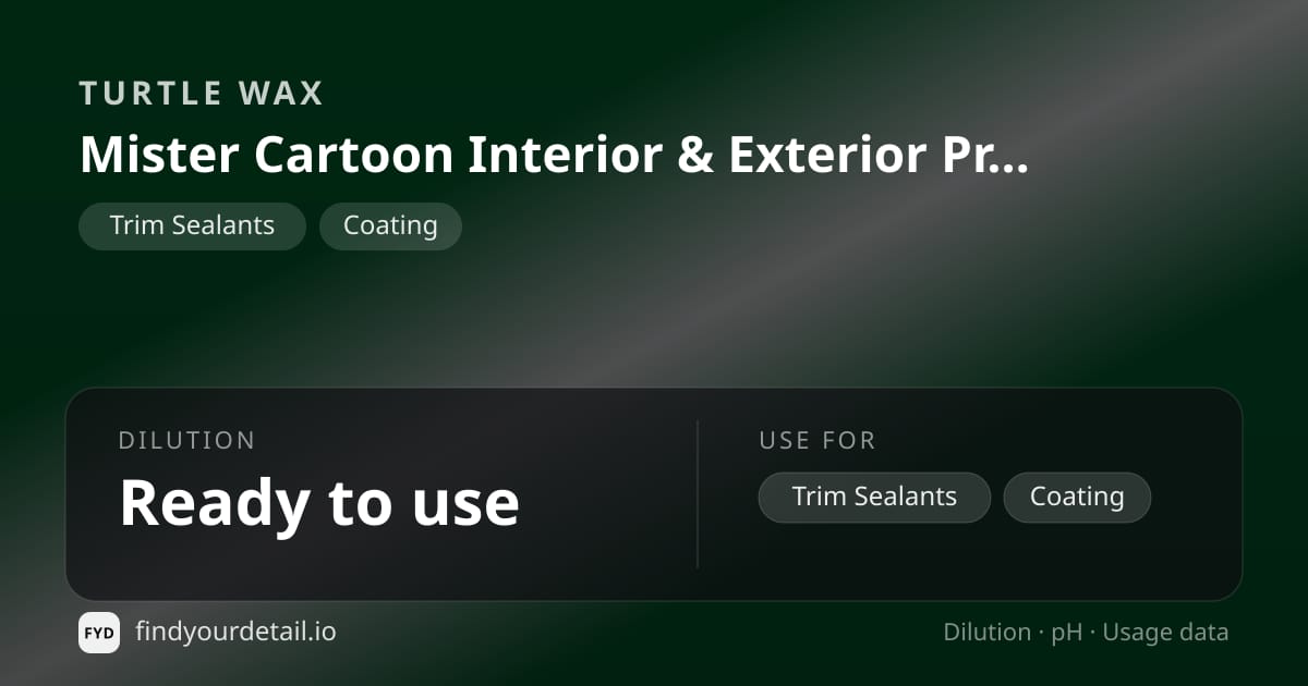 Turtle Wax Mister Cartoon Interior & Exterior Protectant dilution ratio and pH specification chart