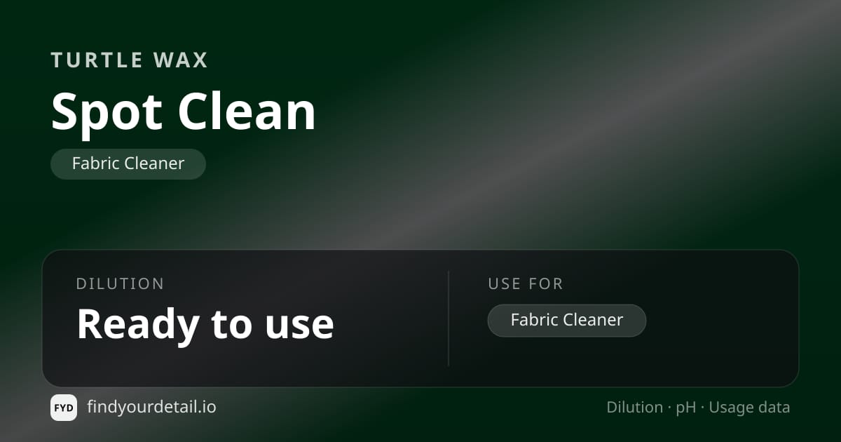 Turtle Wax Spot Clean dilution ratio and pH specification chart