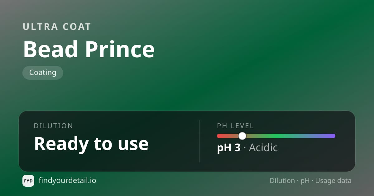 Ultra Coat Bead Prince dilution ratio and pH specification chart
