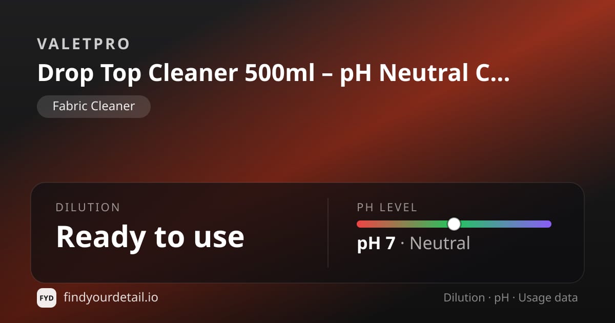 ValetPRO 드롭 톱 클리너 500ml - pH 중성 컨버터블 후드 & 소프트 톱 클리너 희석비 pH 스펙 카드