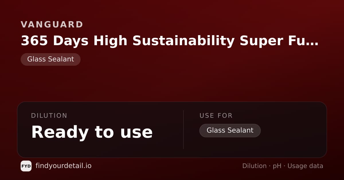 Vanguard 365 Days High Sustainability Super Fusso Water Repellent dilution ratio and pH specification chart