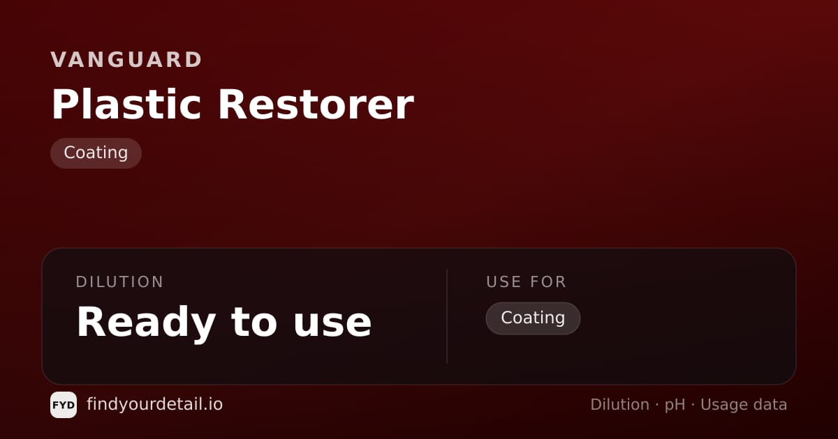 Vanguard Plastic Restorer dilution ratio and pH specification chart