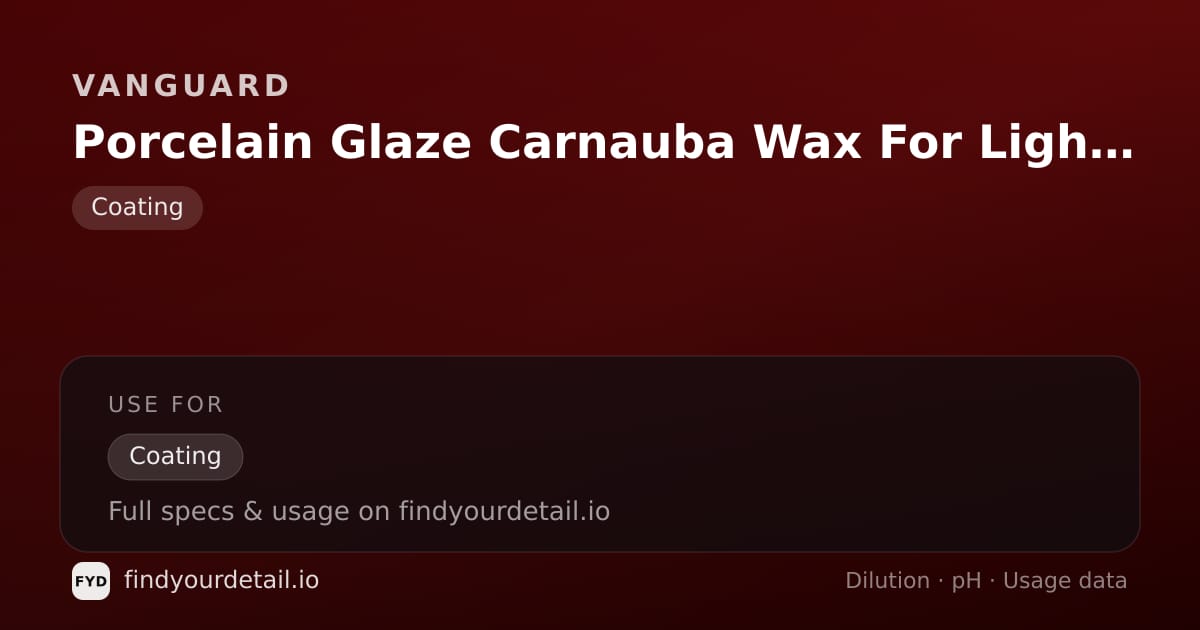 Vanguard Porcelain Glaze Carnauba Wax For Light Color Car dilution ratio and pH specification chart
