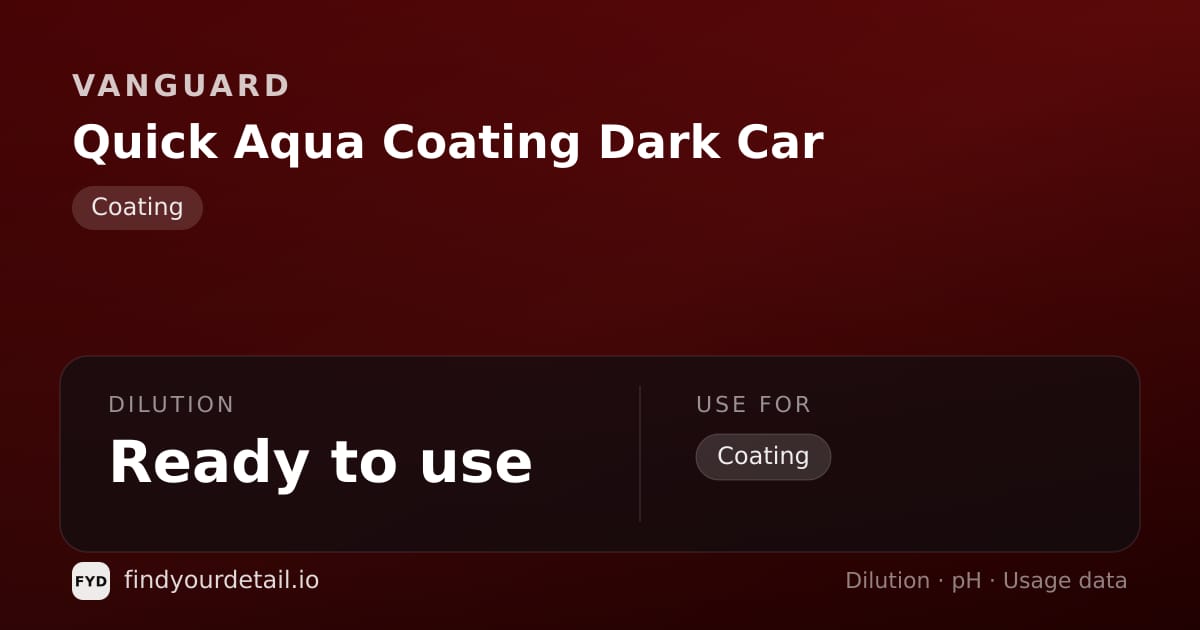 Vanguard Quick Aqua Coating Dark Car dilution ratio and pH specification chart